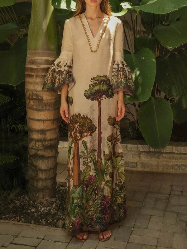 Flared Sleeves Loose Leaves Print V-Neck Maxi Dresses - Image 3