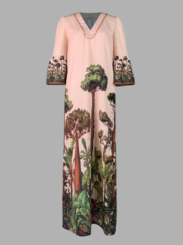 Flared Sleeves Loose Leaves Print V-Neck Maxi Dresses - Image 5
