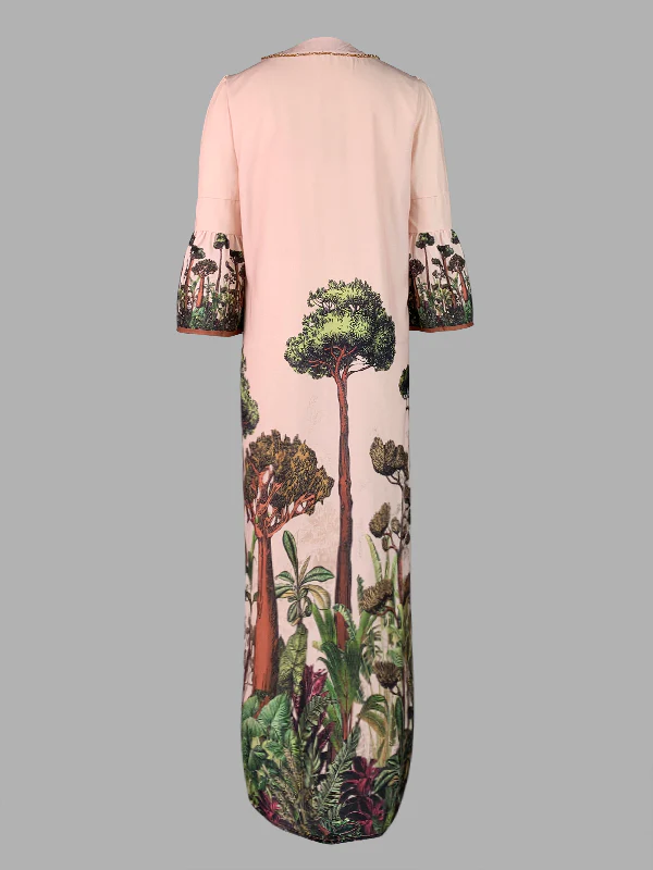 Flared Sleeves Loose Leaves Print V-Neck Maxi Dresses - Image 6