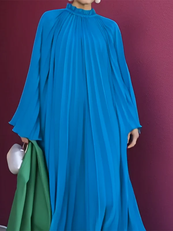 Flared Sleeves Loose Pleated Ruffled Solid Color Split-Joint High Neck Maxi Dresses - Image 2