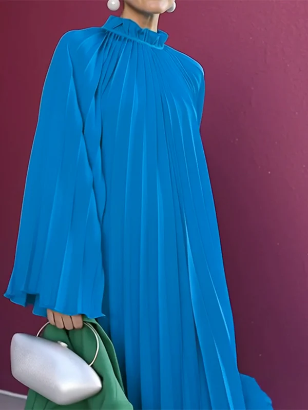 Flared Sleeves Loose Pleated Ruffled Solid Color Split-Joint High Neck Maxi Dresses - Image 3