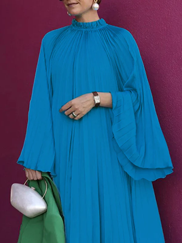Flared Sleeves Loose Pleated Ruffled Solid Color Split-Joint High Neck Maxi Dresses - Image 4