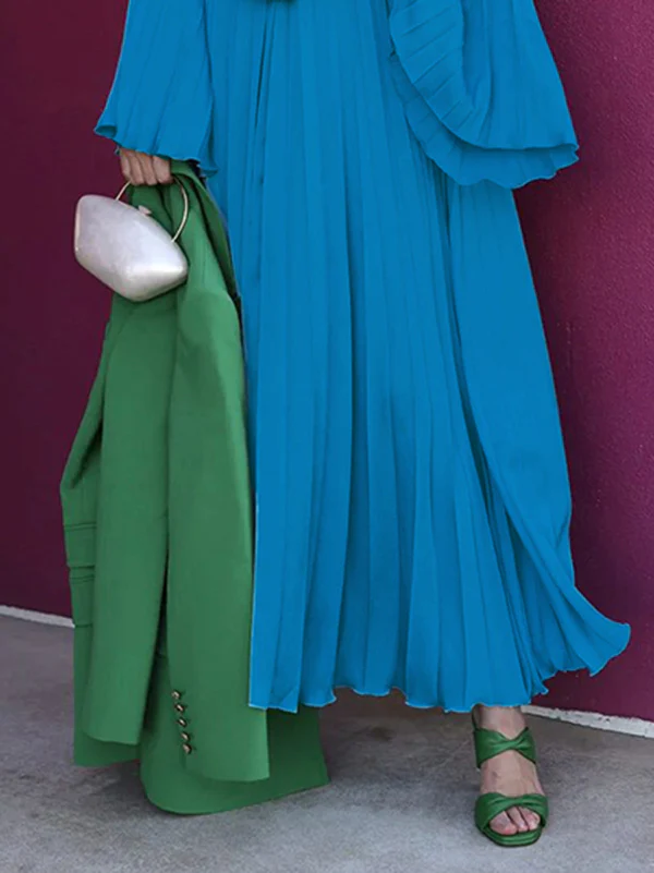 Flared Sleeves Loose Pleated Ruffled Solid Color Split-Joint High Neck Maxi Dresses - Image 5
