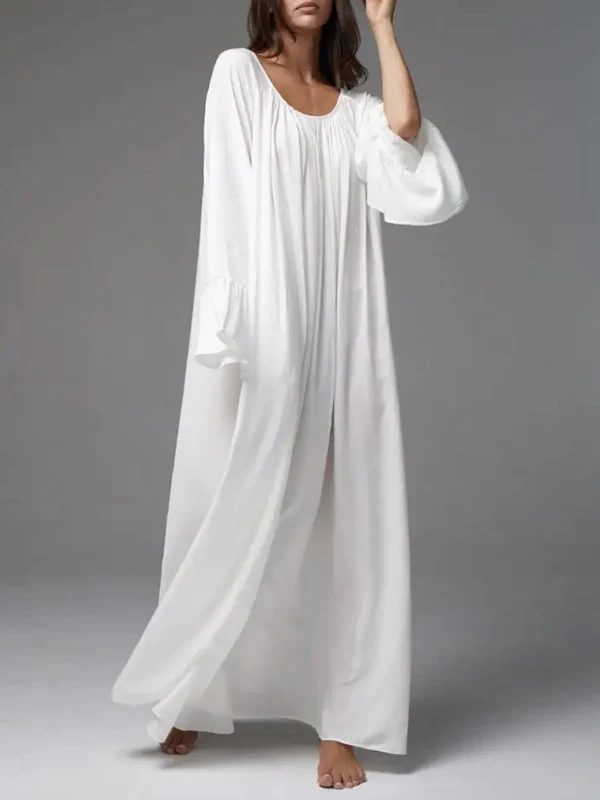 Flared Sleeves Loose Pleated Solid Color Split-Joint Round-Neck Maxi Dresses - Image 11