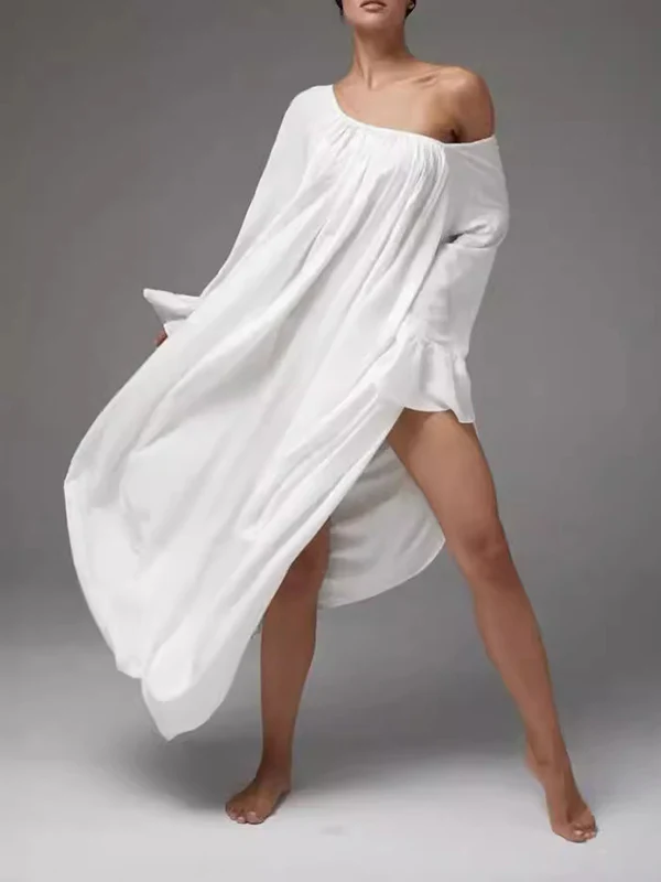 Flared Sleeves Loose Pleated Solid Color Split-Joint Round-Neck Maxi Dresses - Image 12