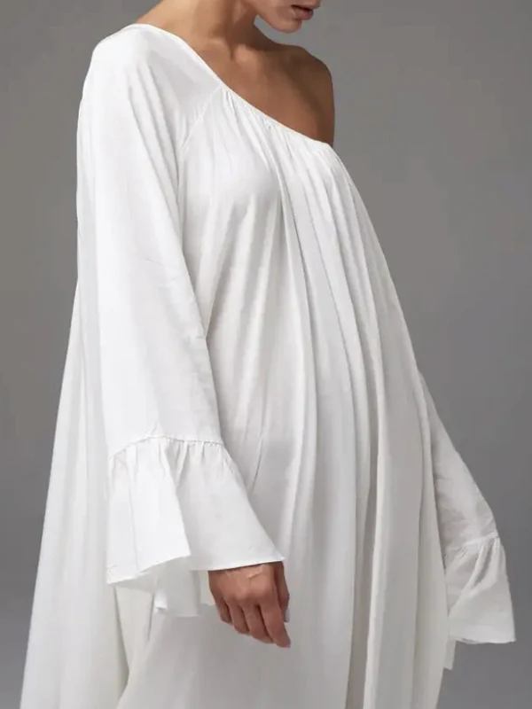 Flared Sleeves Loose Pleated Solid Color Split-Joint Round-Neck Maxi Dresses - Image 15