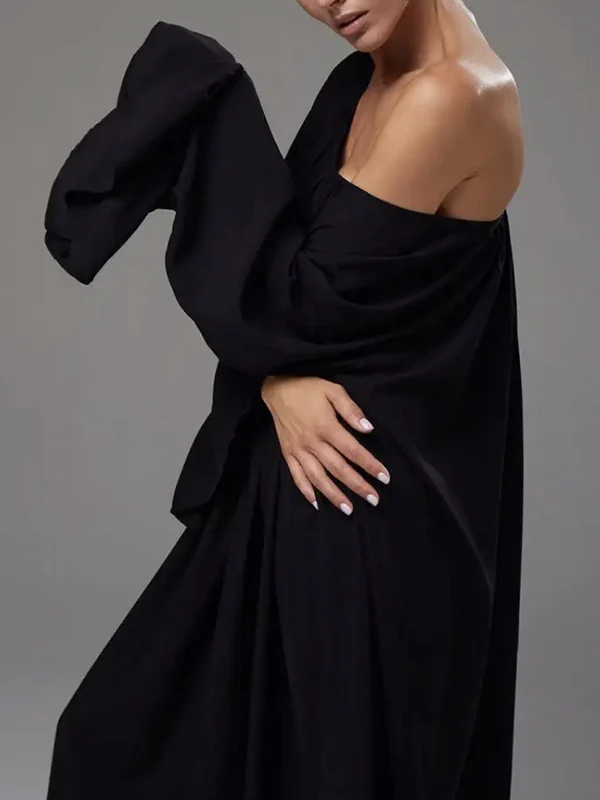 Flared Sleeves Loose Pleated Solid Color Split-Joint Round-Neck Maxi Dresses - Image 17