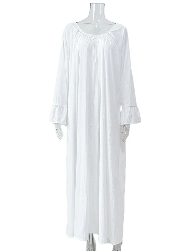 Flared Sleeves Loose Pleated Solid Color Split-Joint Round-Neck Maxi Dresses - Image 18