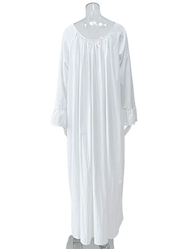 Flared Sleeves Loose Pleated Solid Color Split-Joint Round-Neck Maxi Dresses - Image 19