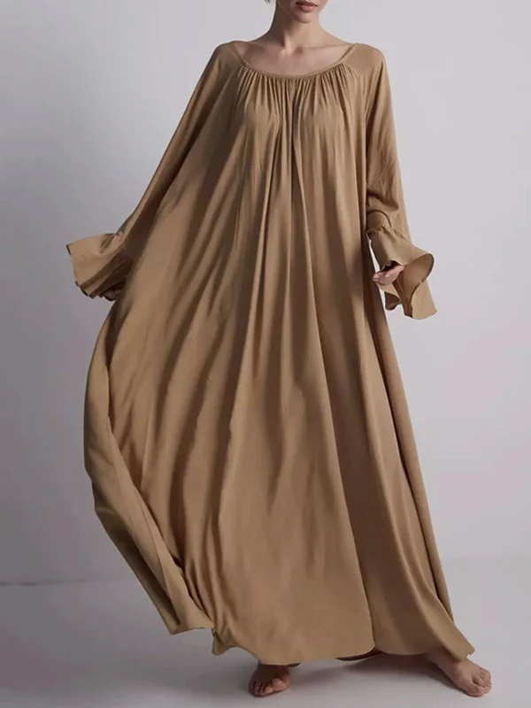 Flared Sleeves Loose Pleated Solid Color Split-Joint Round-Neck Maxi Dresses - Image 2