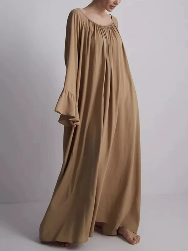 Flared Sleeves Loose Pleated Solid Color Split-Joint Round-Neck Maxi Dresses - Image 3