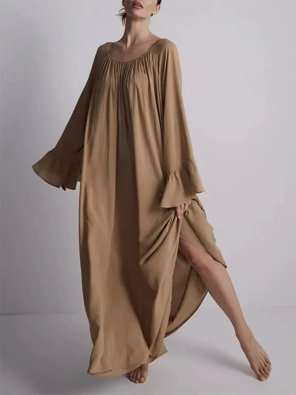 Flared Sleeves Loose Pleated Solid Color Split-Joint Round-Neck Maxi Dresses - Image 4