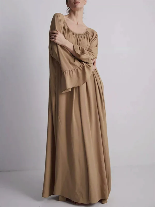 Flared Sleeves Loose Pleated Solid Color Split-Joint Round-Neck Maxi Dresses - Image 5