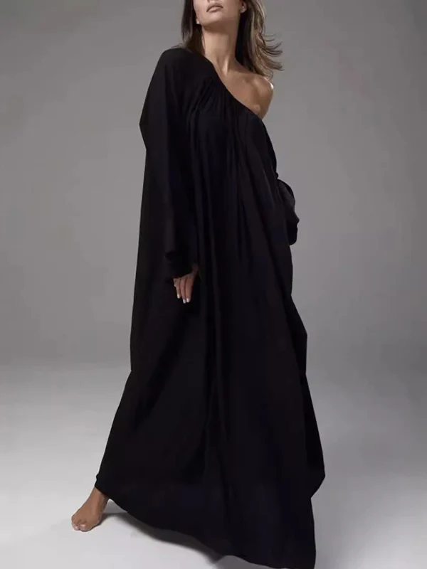 Flared Sleeves Loose Pleated Solid Color Split-Joint Round-Neck Maxi Dresses - Image 6