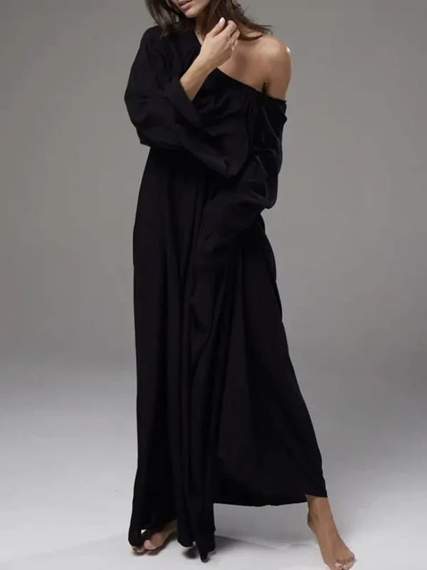 Flared Sleeves Loose Pleated Solid Color Split-Joint Round-Neck Maxi Dresses - Image 7