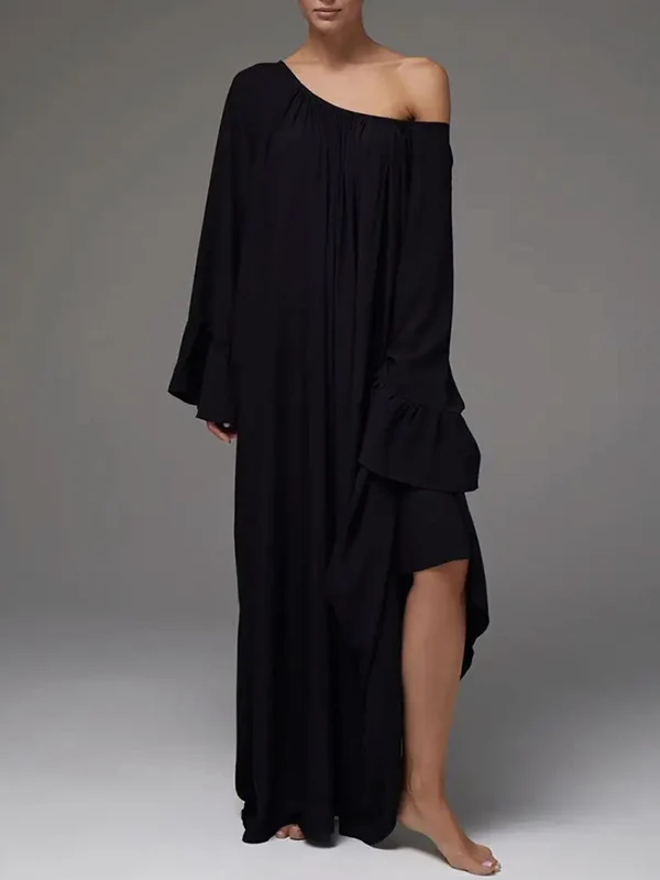 Flared Sleeves Loose Pleated Solid Color Split-Joint Round-Neck Maxi Dresses - Image 8