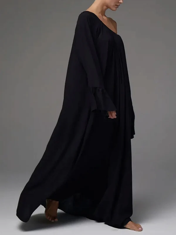 Flared Sleeves Loose Pleated Solid Color Split-Joint Round-Neck Maxi Dresses - Image 9