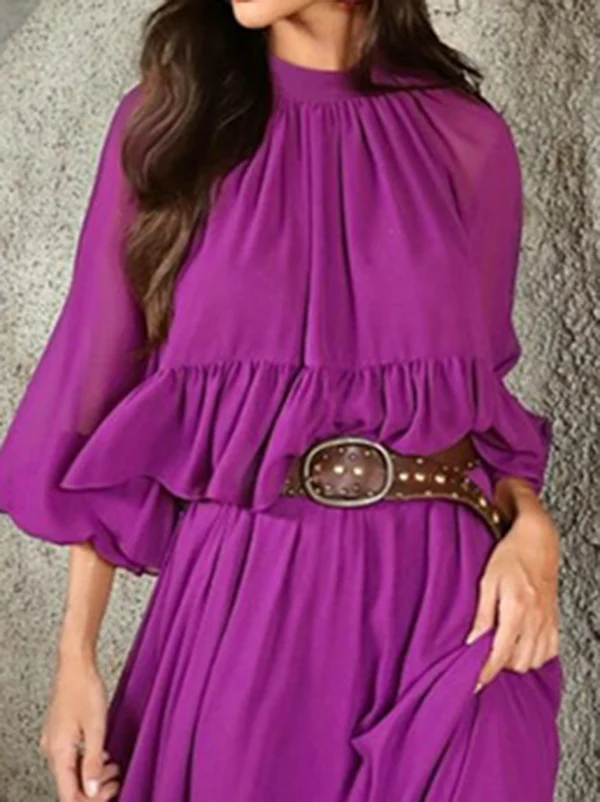 Flared Sleeves Loose Pleated Solid Color Split-Joint Round-Neck Maxi Dresses - Image 2