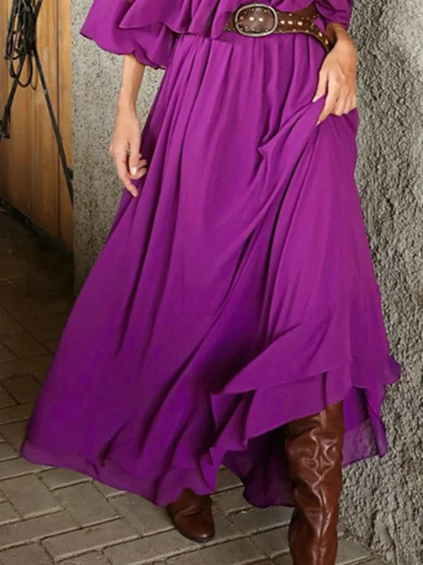 Flared Sleeves Loose Pleated Solid Color Split-Joint Round-Neck Maxi Dresses - Image 3