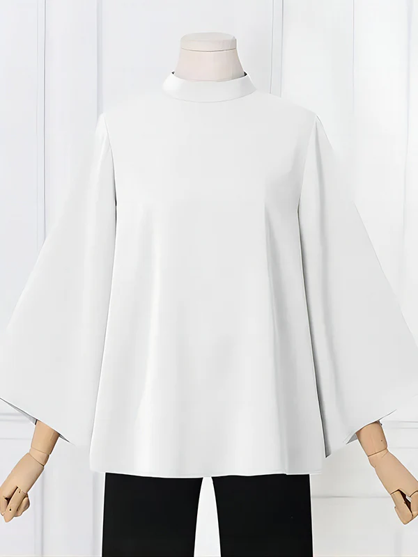 Flared Sleeves Loose Pleated Solid Color Split-Joint Stand Collar Blouses&Shirts Tops - Image 11