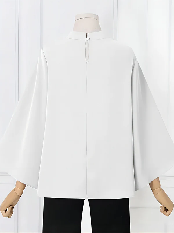 Flared Sleeves Loose Pleated Solid Color Split-Joint Stand Collar Blouses&Shirts Tops - Image 12