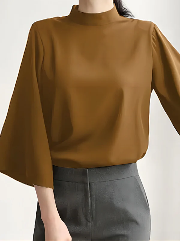 Flared Sleeves Loose Pleated Solid Color Split-Joint Stand Collar Blouses&Shirts Tops - Image 2