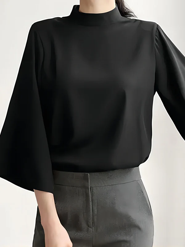 Flared Sleeves Loose Pleated Solid Color Split-Joint Stand Collar Blouses&Shirts Tops - Image 3