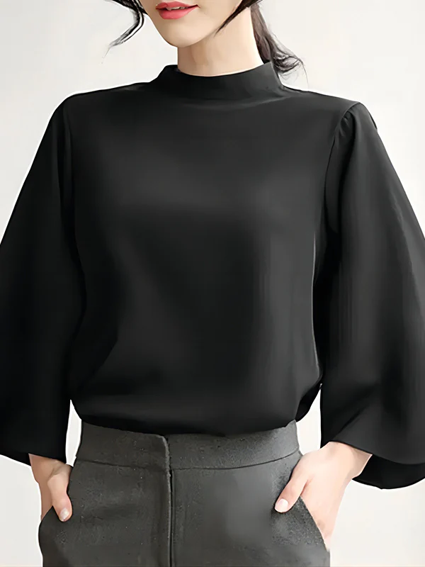 Flared Sleeves Loose Pleated Solid Color Split-Joint Stand Collar Blouses&Shirts Tops - Image 4