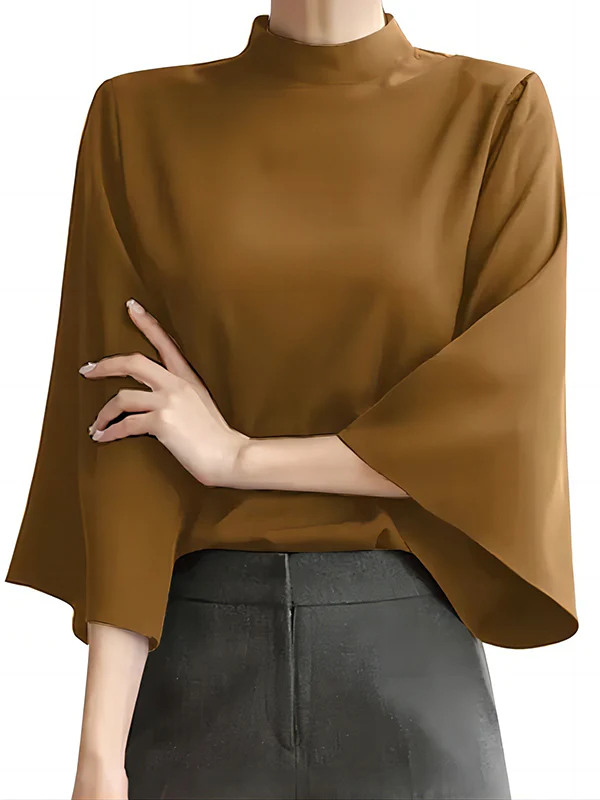 Flared Sleeves Loose Pleated Solid Color Split-Joint Stand Collar Blouses&Shirts Tops - Image 5
