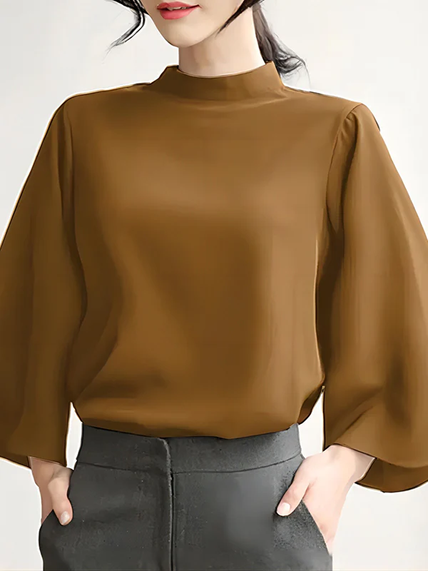 Flared Sleeves Loose Pleated Solid Color Split-Joint Stand Collar Blouses&Shirts Tops - Image 6