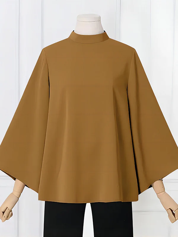 Flared Sleeves Loose Pleated Solid Color Split-Joint Stand Collar Blouses&Shirts Tops - Image 7