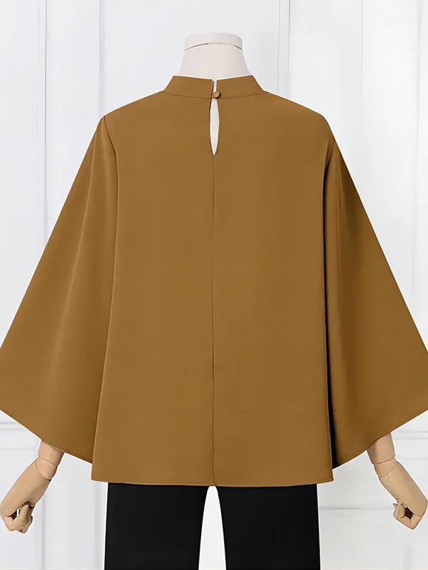 Flared Sleeves Loose Pleated Solid Color Split-Joint Stand Collar Blouses&Shirts Tops - Image 8