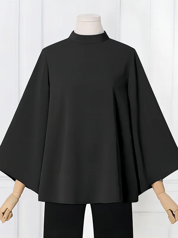 Flared Sleeves Loose Pleated Solid Color Split-Joint Stand Collar Blouses&Shirts Tops - Image 9
