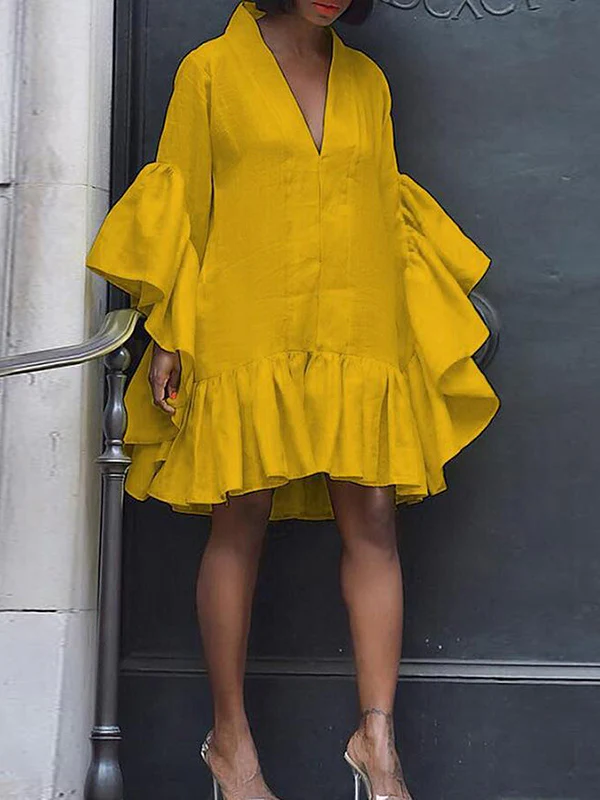 Flared Sleeves Loose Pleated Solid Color Split-Joint V-Neck Mini Dresses - Image 2