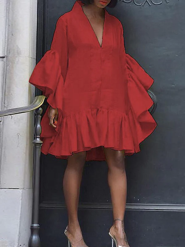 Flared Sleeves Loose Pleated Solid Color Split-Joint V-Neck Mini Dresses - Image 3