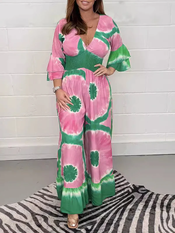 Flared Sleeves Loose Printed Split-Joint Triple Layered V-Neck Jumpsuits - Image 2