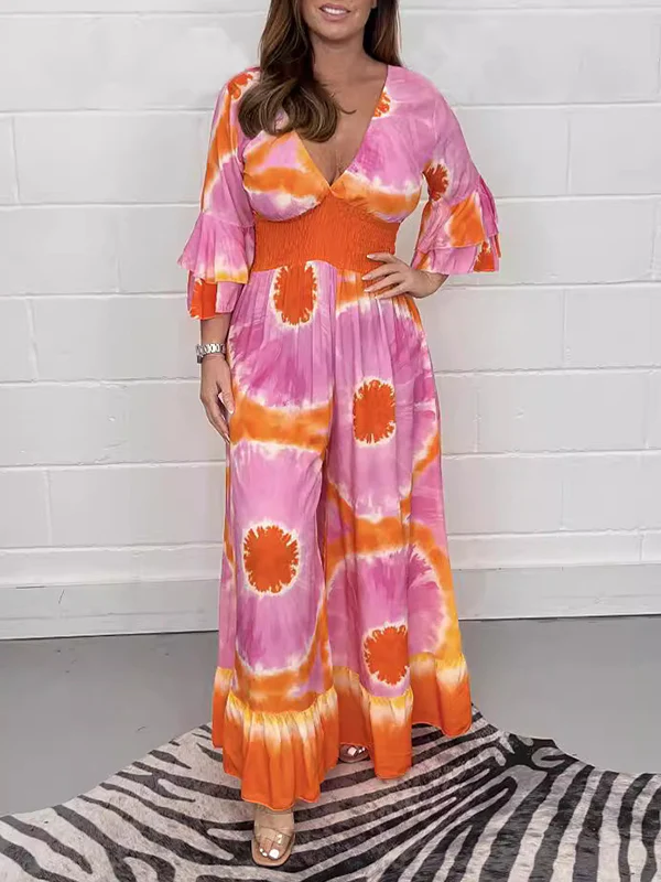 Flared Sleeves Loose Printed Split-Joint Triple Layered V-Neck Jumpsuits - Image 3