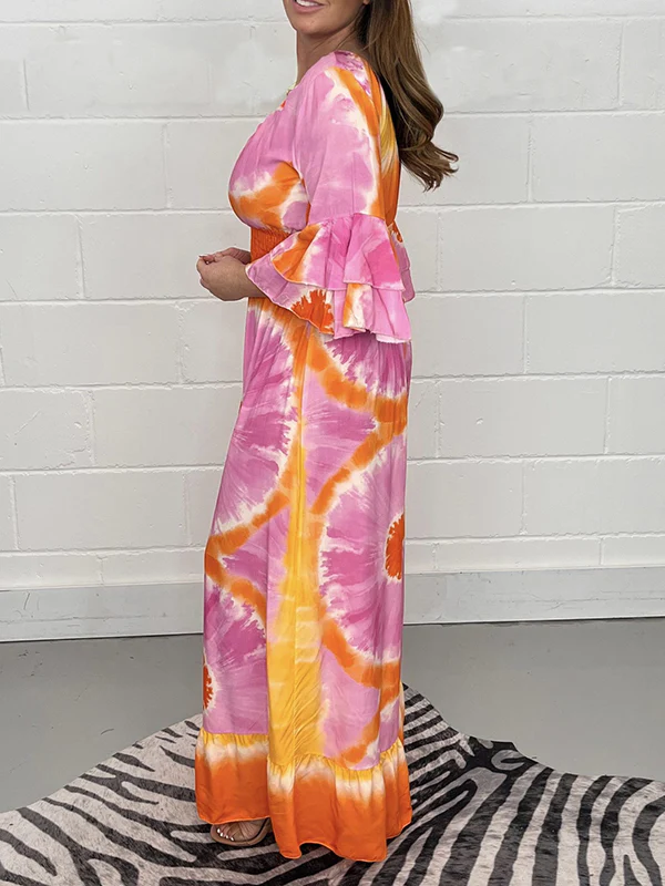 Flared Sleeves Loose Printed Split-Joint Triple Layered V-Neck Jumpsuits - Image 4