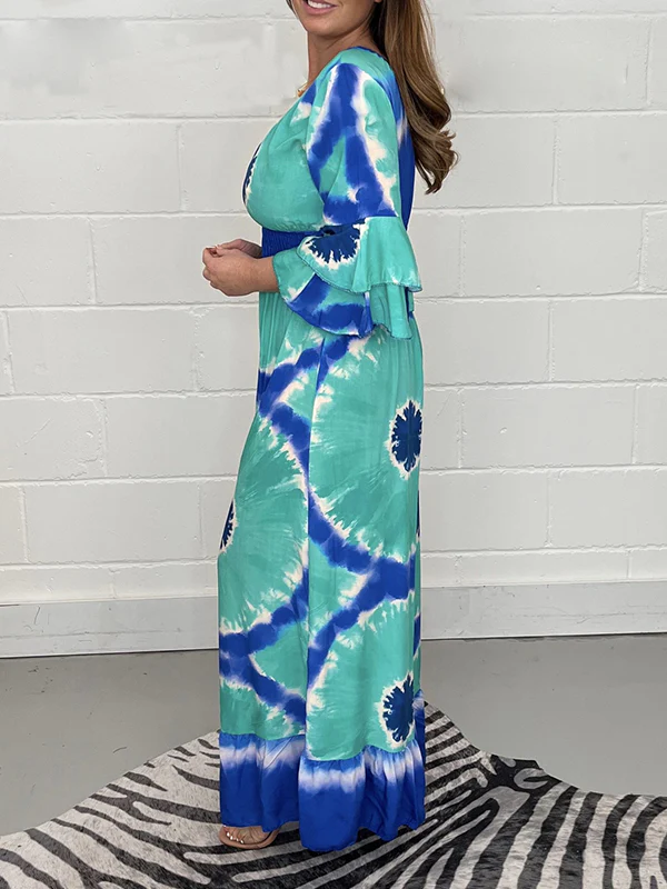 Flared Sleeves Loose Printed Split-Joint Triple Layered V-Neck Jumpsuits - Image 5