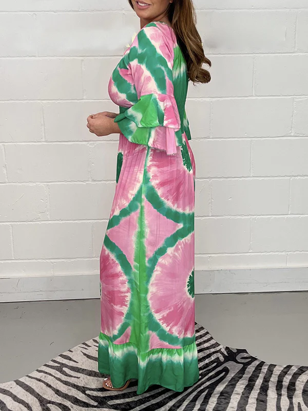 Flared Sleeves Loose Printed Split-Joint Triple Layered V-Neck Jumpsuits - Image 6