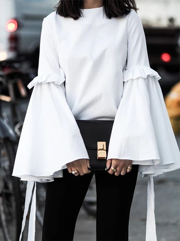 Flared Sleeves Loose Ruffled Solid Color Split-Joint Round-Neck T-Shirts Tops