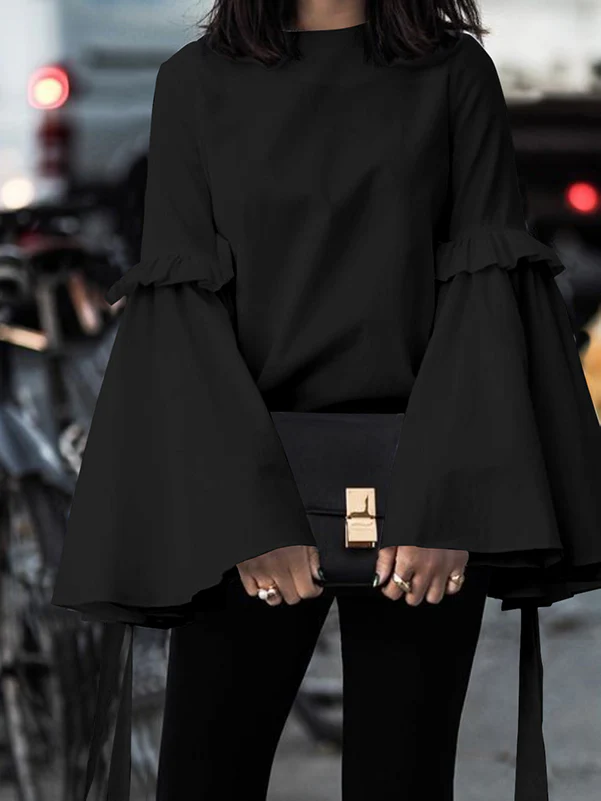 Flared Sleeves Loose Ruffled Solid Color Split-Joint Round-Neck T-Shirts Tops - Image 2