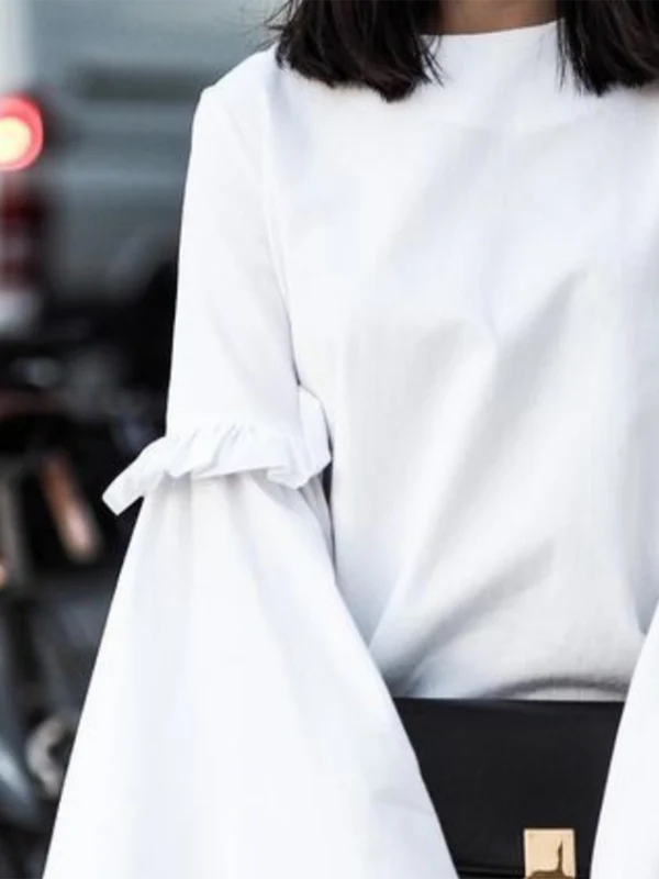 Flared Sleeves Loose Ruffled Solid Color Split-Joint Round-Neck T-Shirts Tops - Image 3