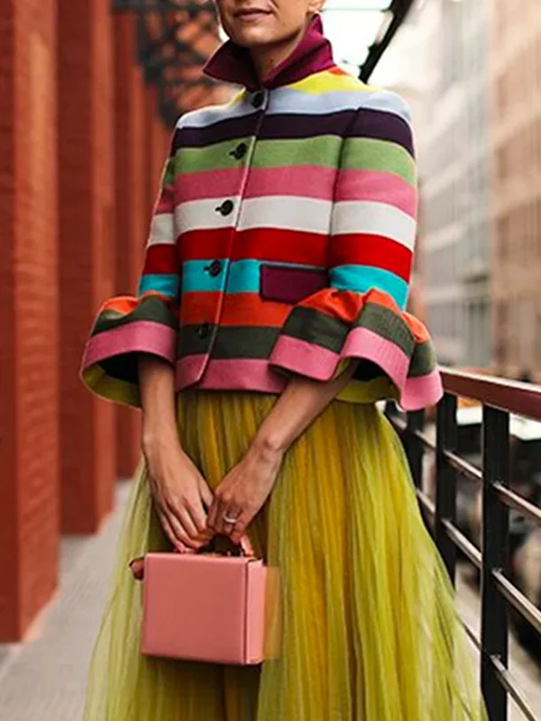 Flared Sleeves Multi-Colored Striped Lapel Jackets Outerwear - Image 2