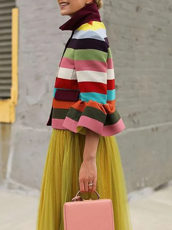 Flared Sleeves Multi-Colored Striped Lapel Jackets Outerwear - Image 3