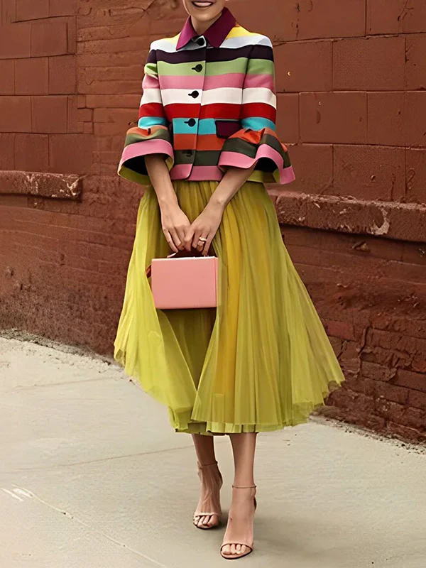 Flared Sleeves Multi-Colored Striped Lapel Jackets Outerwear - Image 4
