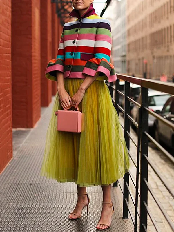 Flared Sleeves Multi-Colored Striped Lapel Jackets Outerwear - Image 5