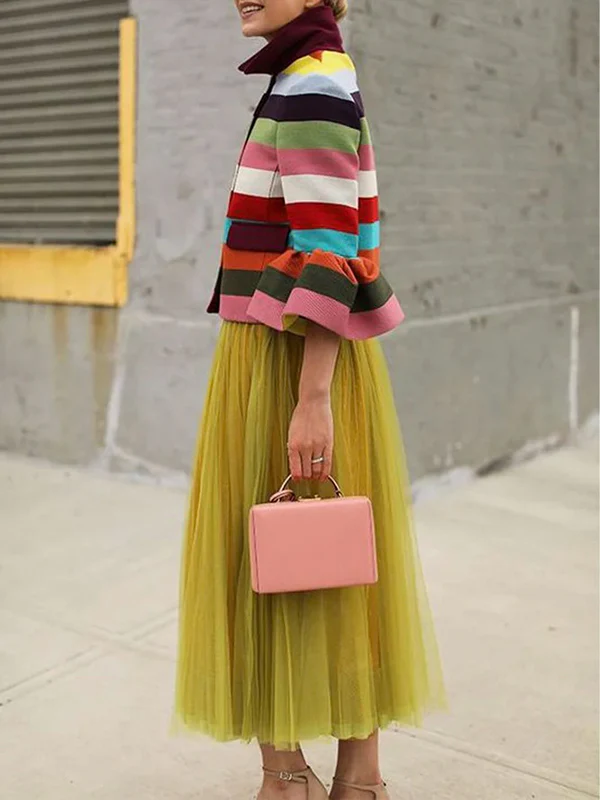 Flared Sleeves Multi-Colored Striped Lapel Jackets Outerwear - Image 6