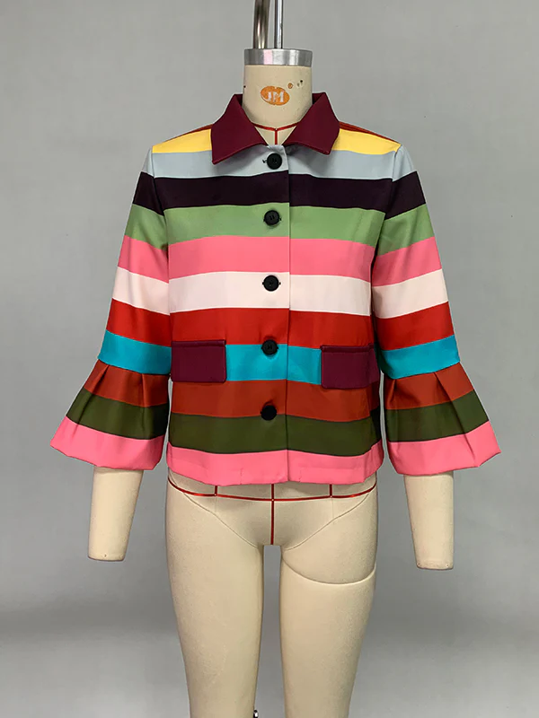 Flared Sleeves Multi-Colored Striped Lapel Jackets Outerwear - Image 7