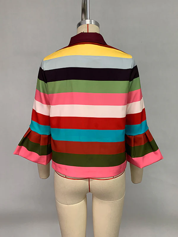 Flared Sleeves Multi-Colored Striped Lapel Jackets Outerwear - Image 9